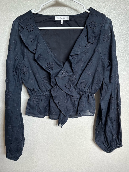 Frame Denim Tops - Frame Denim Navy Eyelet Ruffle Wrap Top